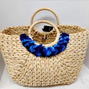 NWT Buji Baja Seagrass Tote with Blue Tassels